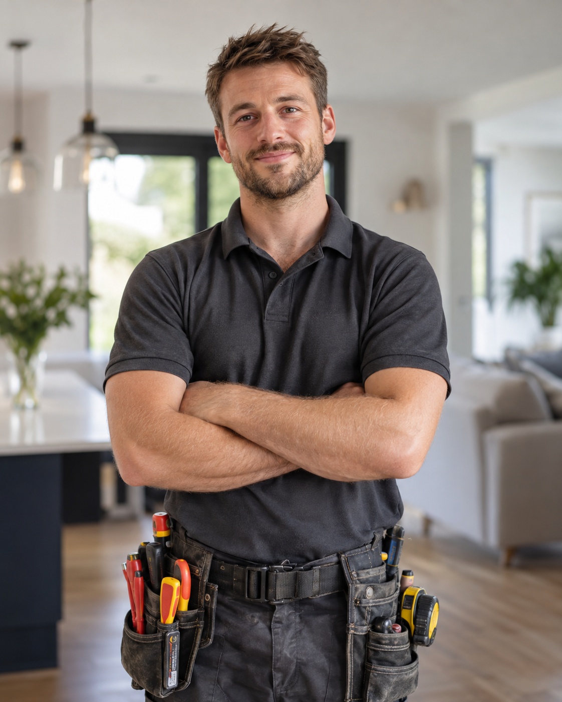 Friendly Green Gem electrician standing in a bright modern home