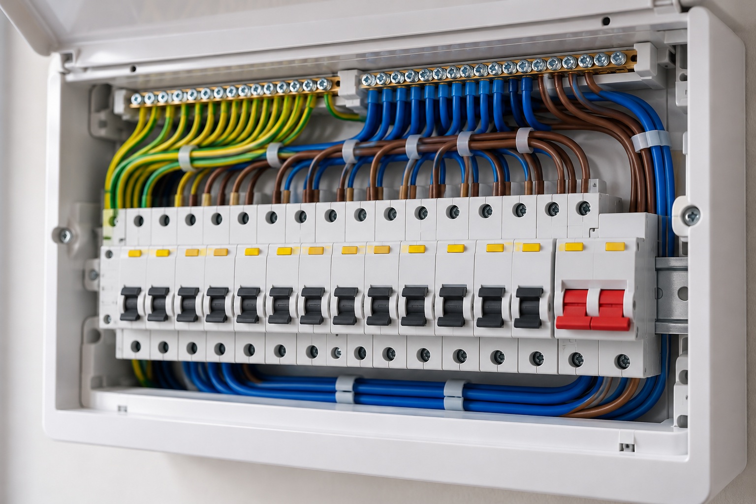 New modern consumer unit with neat wiring
