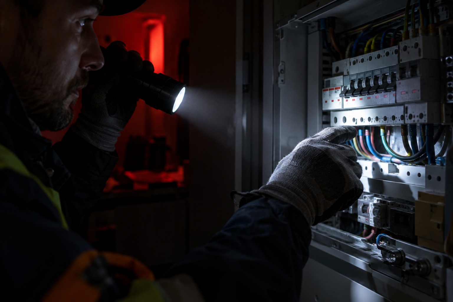 Electrician inspecting a fuse board by torchlight