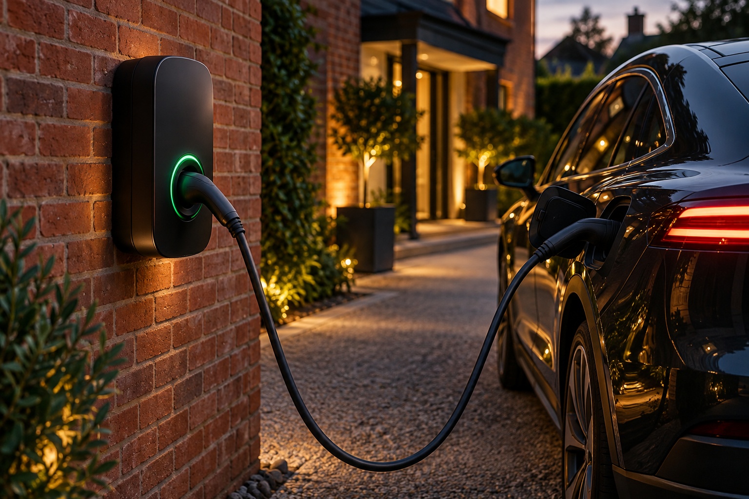 Wall-mounted home EV charger charging an electric car