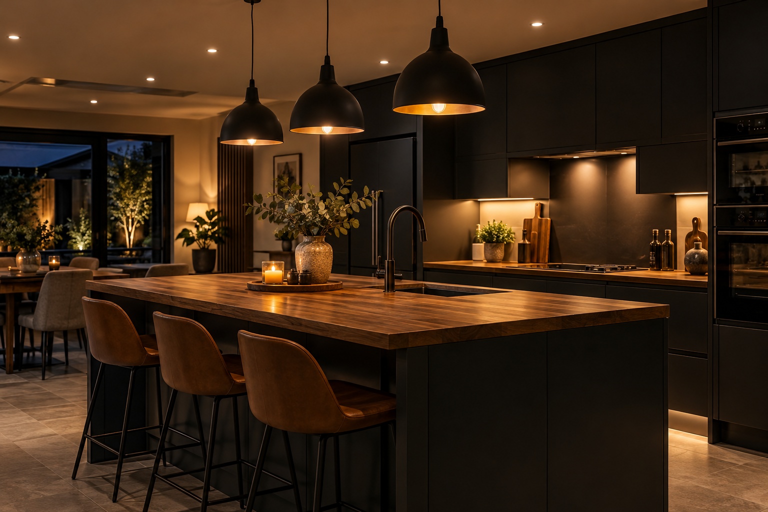 Modern kitchen with pendant lights and downlights