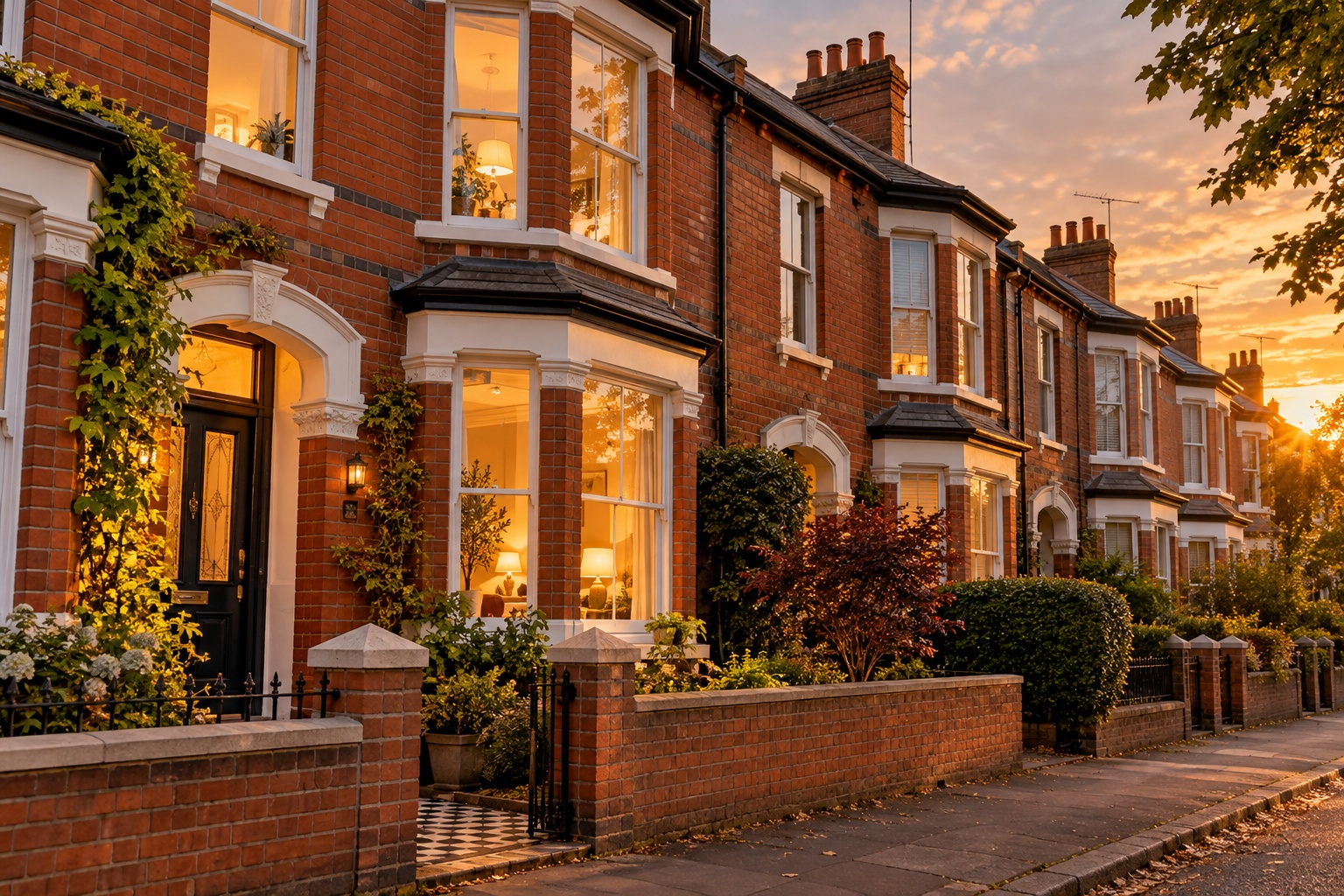 Red-brick Victorian terraced house at golden hour